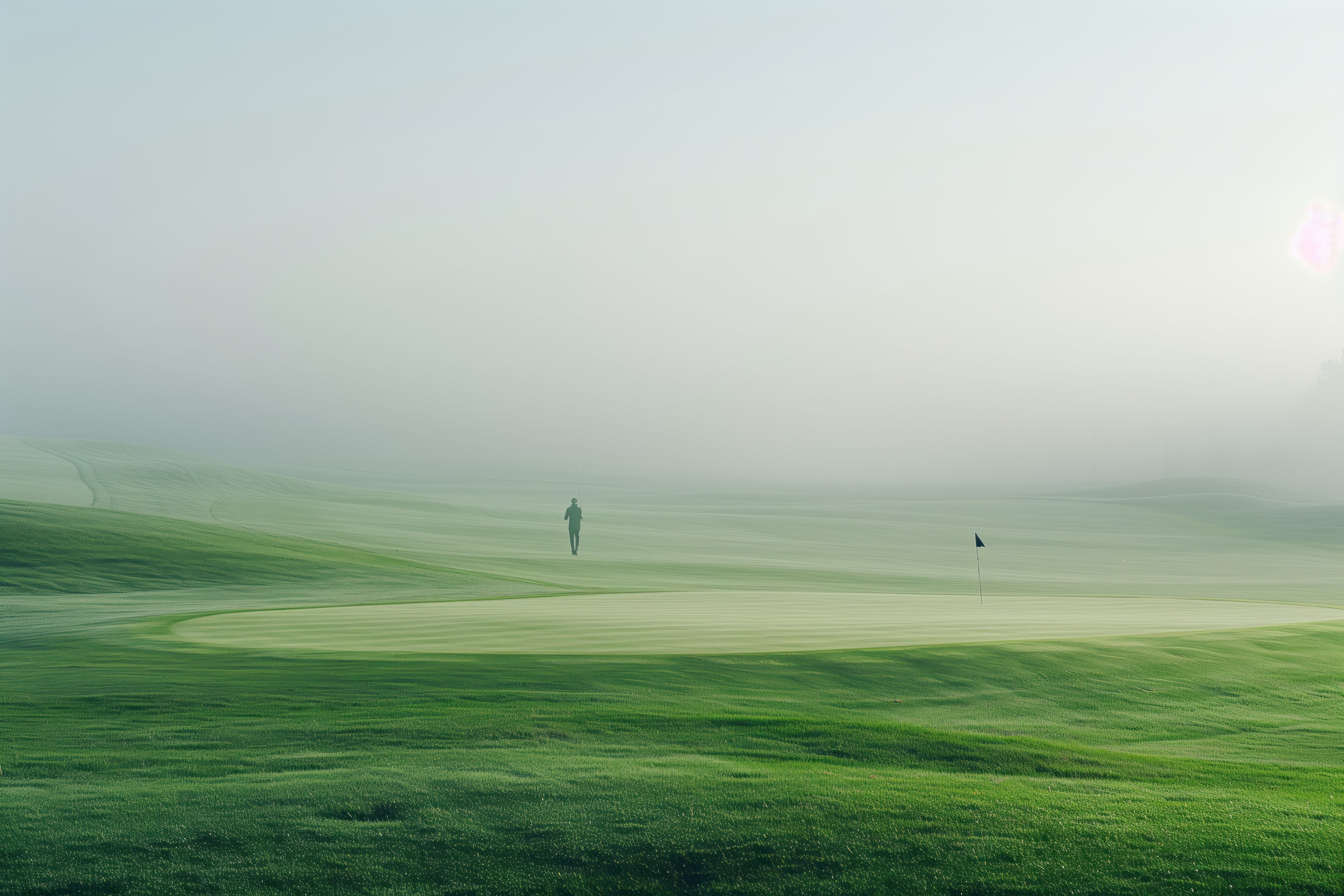 Person walking on a misty green field with a single bird in the distance.